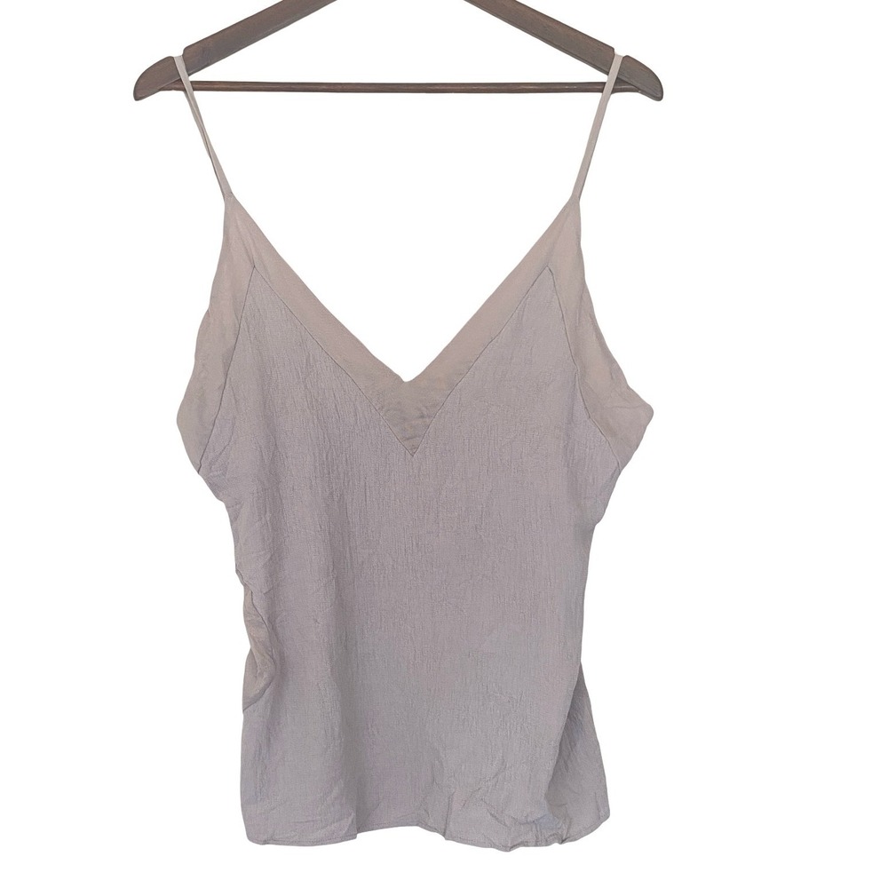 Zara V-Neck‎ Cami Tank Top L Taupe Textured Mixed Media Adjustable Strap Sheer